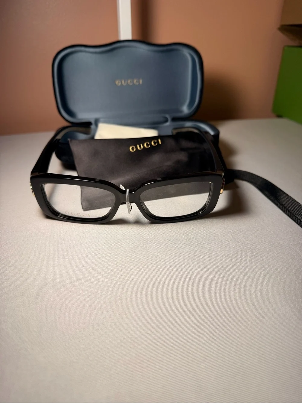 Gucci Black Acetate Eyeglasses with Gold GG Detail|Designer Optical Frames